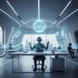 AI-powered spatial computing in an enterprise workspace with holographic displays