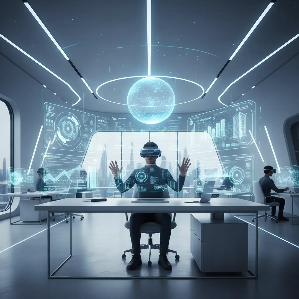 AI-powered spatial computing in an enterprise workspace with holographic displays